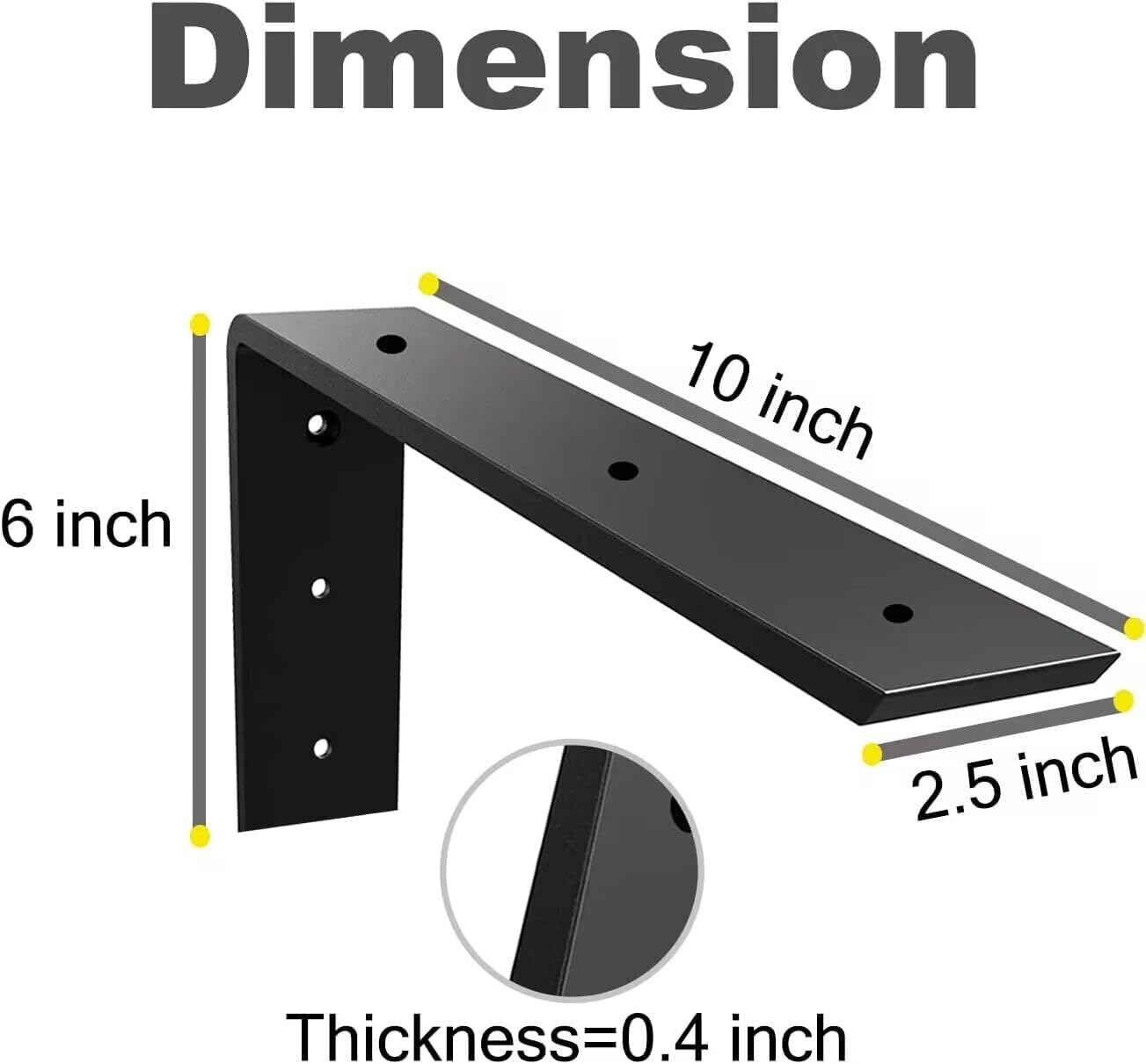 WINKER Countertop Support Bracket 6 Pack Heavy Duty 3/8 Thick Hidden L Shelf Bracket 10 x 6 x 2.5 Metal Corbels for Quartz/Granite/Wood/Concrete/Laminate Countertops, Black